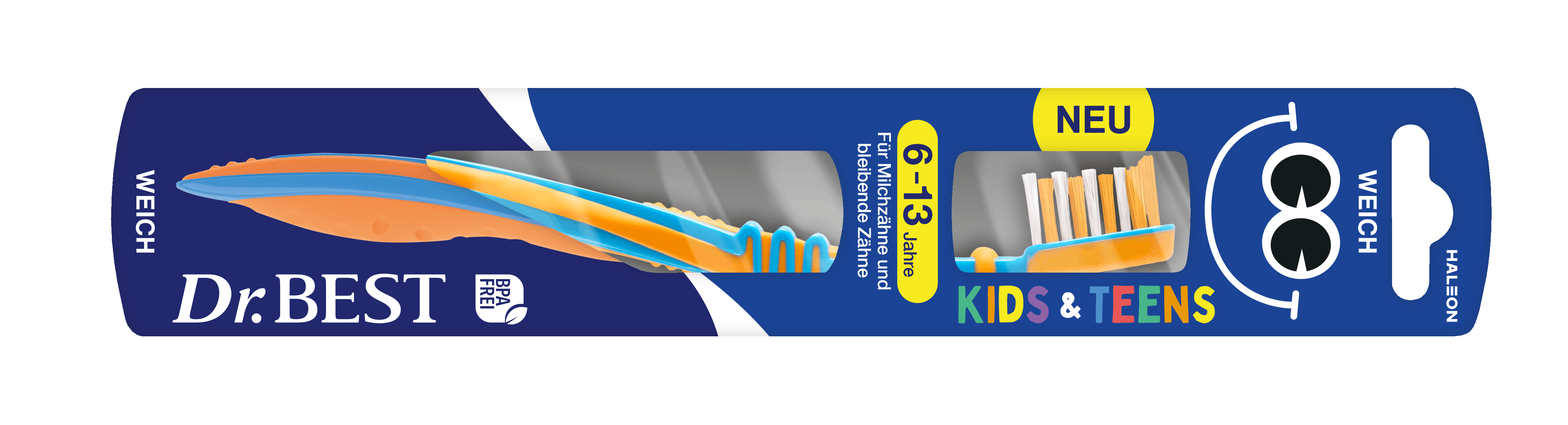Dr.BEST Kids & Teens Zahnbürste für 6 – 13 Jahre in der Verpackung.