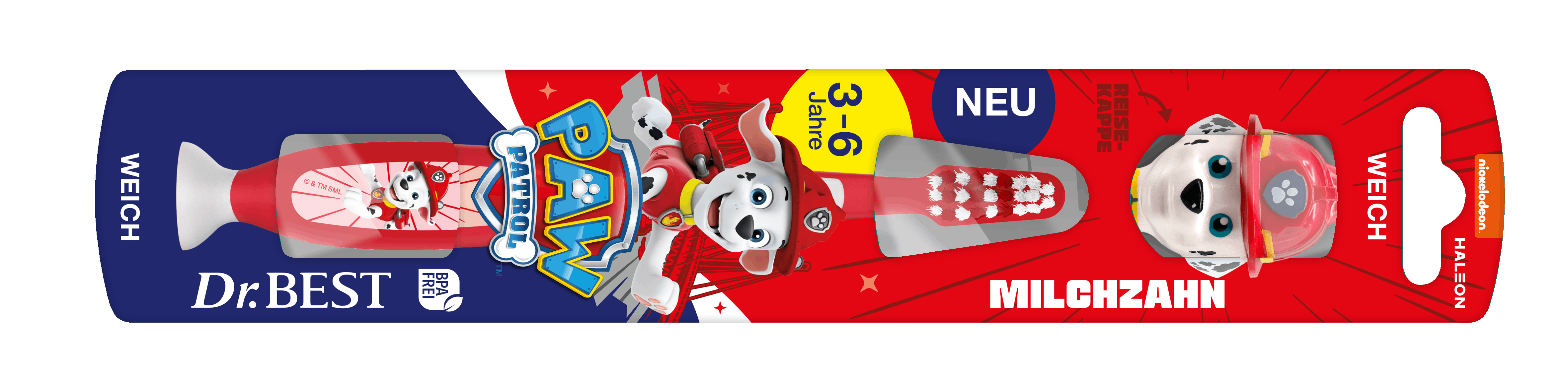 Dr.BEST Milchzahn Zahnbürste mit Reisekappe für 3-6 Jahre mit Paw Patrol Design in Verpackung.