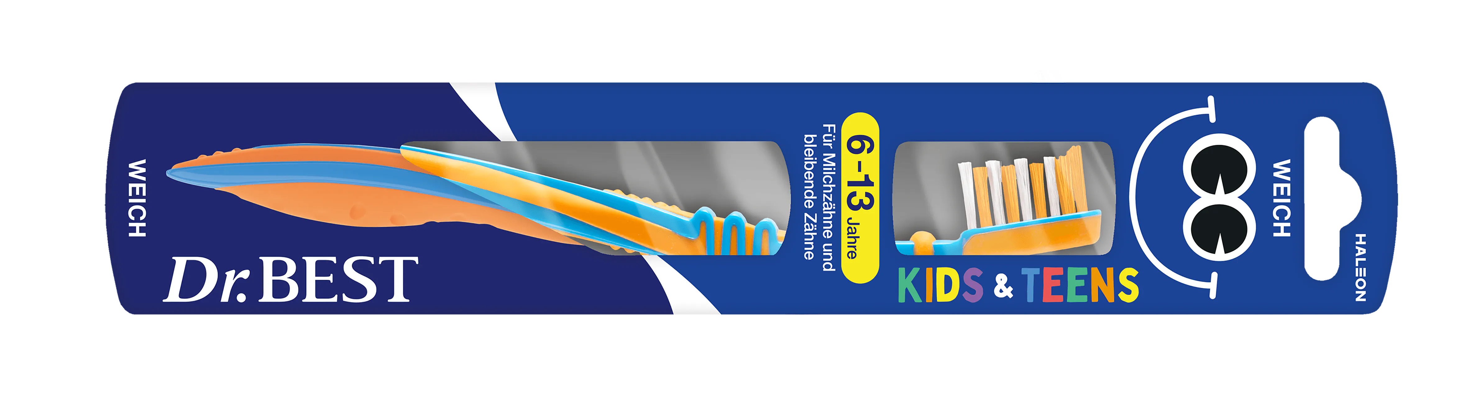 Dr.BEST Kids & Teens Zahnbürste für 6 – 13 Jahre in der Verpackung.