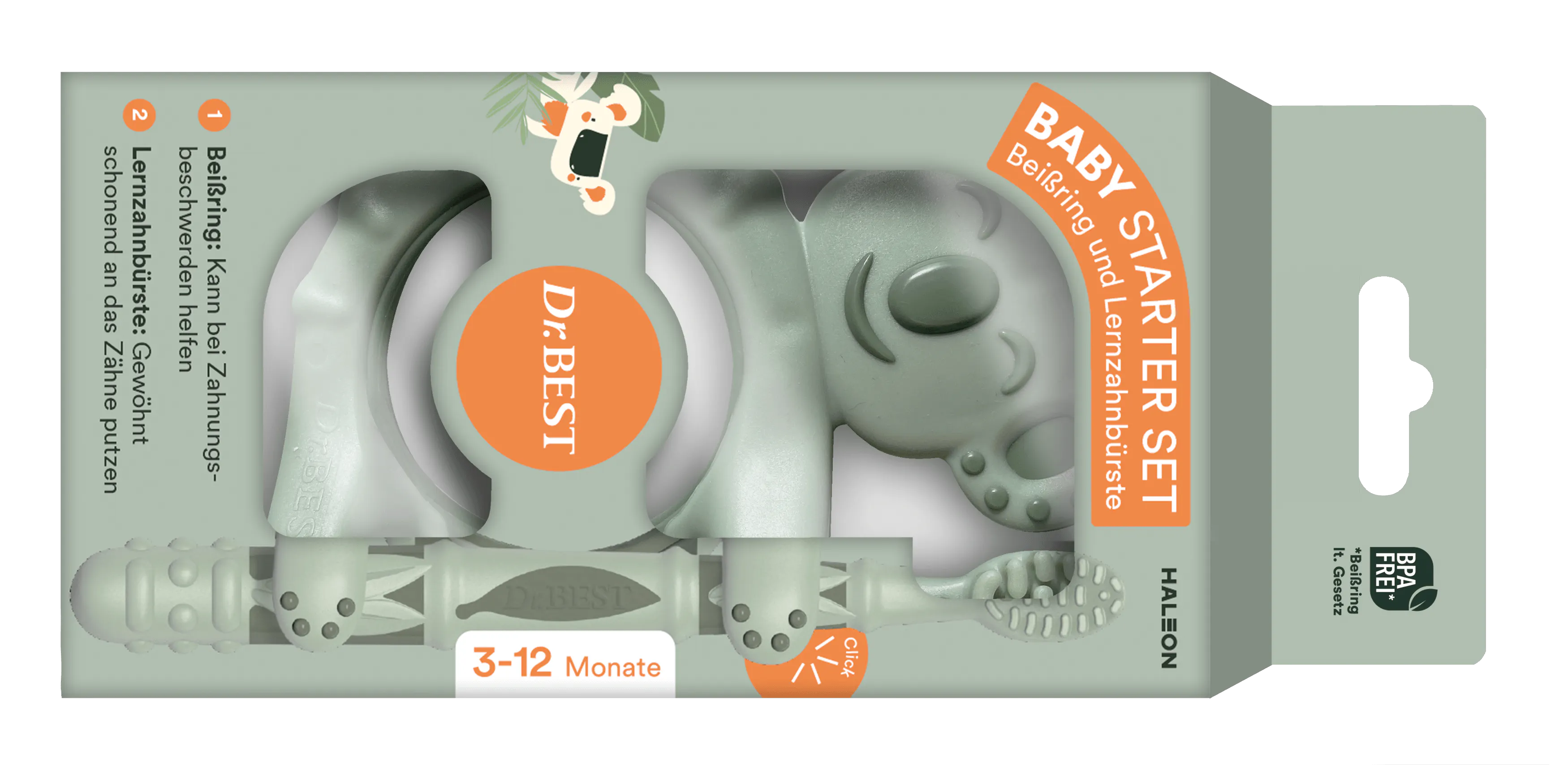 Verpackung des Dr.BEST Baby Starter Sets: Beißring und Lernzahnbürste für 3-12 Monate