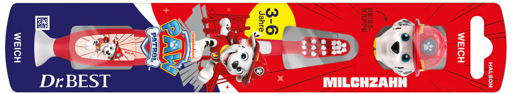 Dr.BEST Milchzahn Zahnbürste mit Reisekappe für 3-6 Jahre mit Paw Patrol Design in Verpackung.