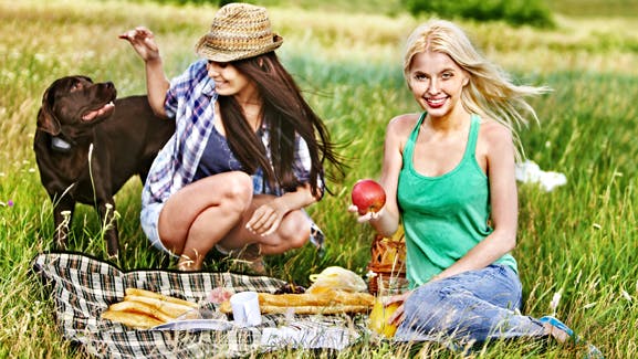 Femei cu caine la picnic
