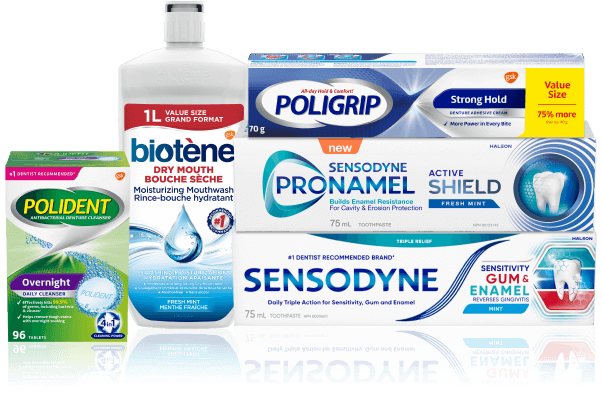 Banner with Haleon products including Polident, Biotene, Poligrip, Ponamel, Sensodyne
