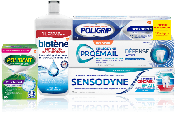 Bannière avec les produits Haleon, notamment Polident, Biotene, Poligrip, Ponamel, Sensodyne