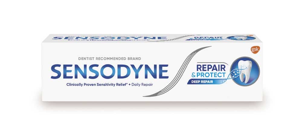 Снимка в близък план на опаковка на Sensodyne Repair & Protect Deep Repair