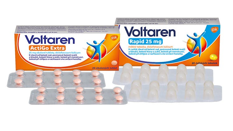 Voltaren Actigo Extra 25 mg obalené tablety a Voltaren Rapid 25 mg měkké tobolky
