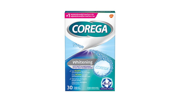Obalový design čisticích tablet na zubní náhrady Corega Whitening