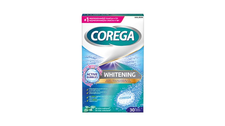 Obalový design čisticích tablet na zubní náhrady Corega Whitening