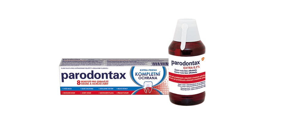 Zubní pasty parodontax a ústní voda parodontax Extra 0,2%