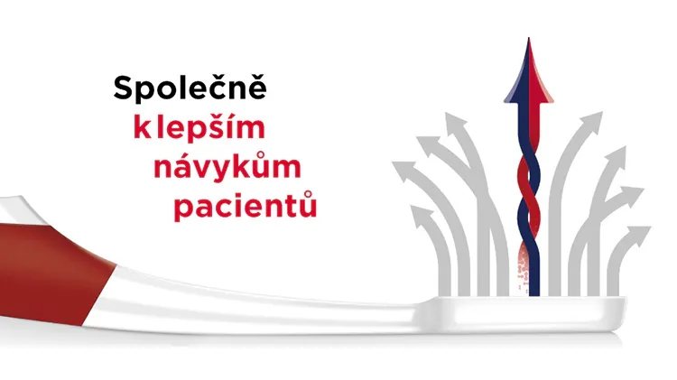 Grafické znázornění zubního kartáčku, jehož štětiny jsou zobrazeny jako šipky směřující vzhůru, doplněné textem „Společně k lepším návykům pacientů”