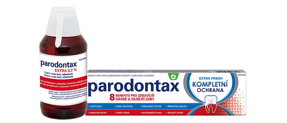 Zubní pasty parodontax a ústní voda parodontax Extra 0,2 %