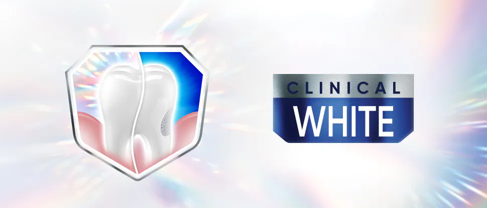 Banner Sensodyne Clinical White se zubní pastou a ilustrací zubu