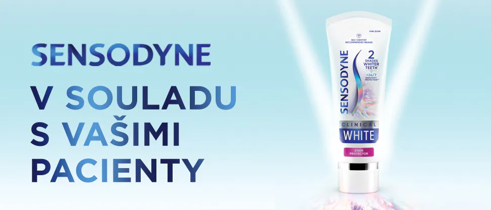 Banner Sensodyne s balením bělicí zubní pasty a s loganem