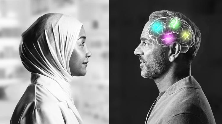 Kampagnenbild des Centre for Human Sciences - ein Apotheker und ein Patient stehen sich gegenüber, wobei das Gehirn des Patienten farbig hervorgehoben wird