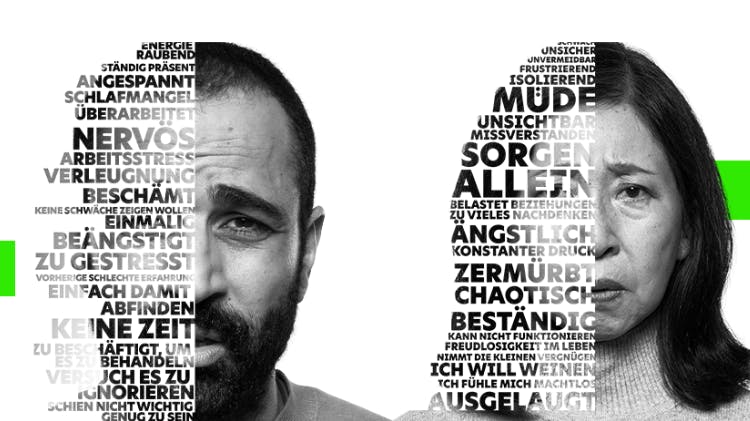 Bildmaterial zur Kampagne "Listen to Pain" - zwei Patientenfotos mit beschreibenden Worten zum Thema Schmerz