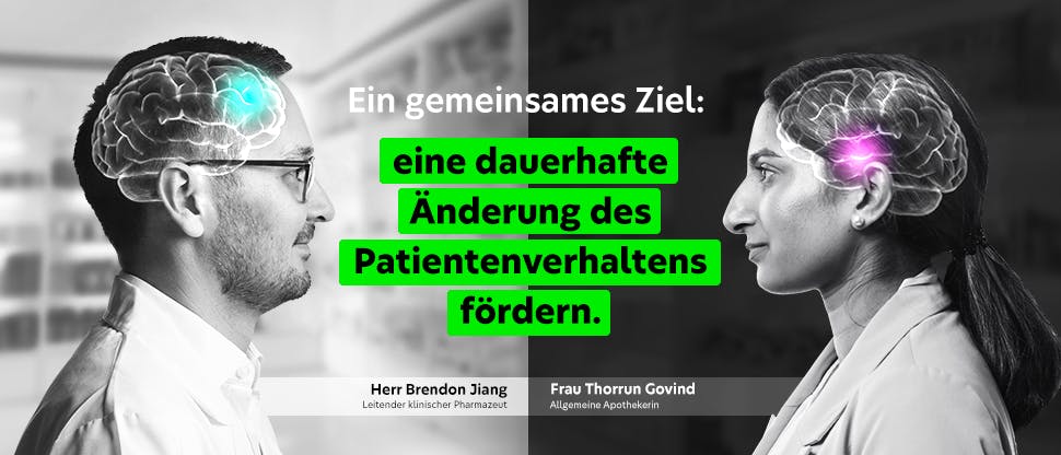 Zwei Fakultätsangehörige stehen sich gegenüber. Ein gemeinsames Ziel: eine dauerhafte Änderung des Patientenverhaltens fördern.