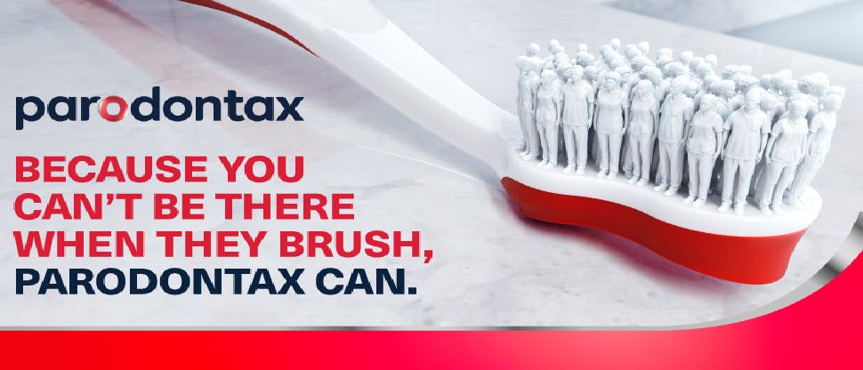 Γράφημα με το λογότυπο του parodontax και ~2,5 λιγότερες περιοχές αιμορραγίας*