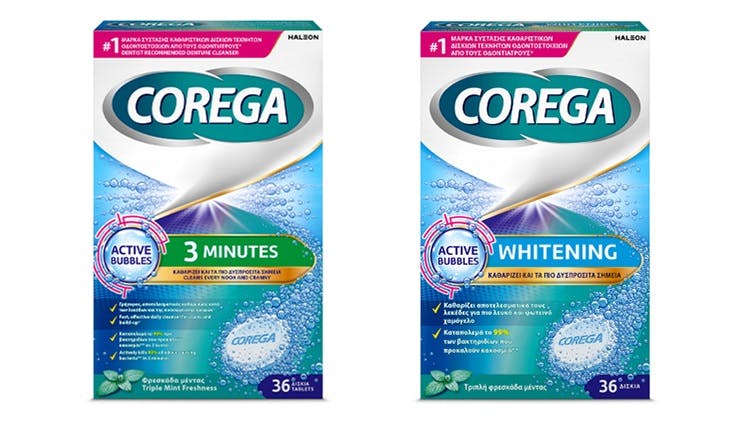 Συσκευασία προϊόντων καθαρισμού οδοντοστοιχίας της Corega