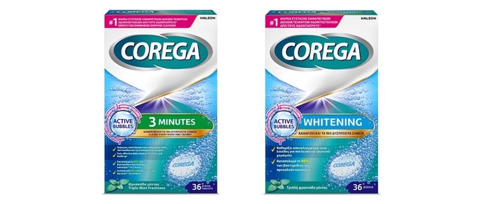 Συσκευασίες δισκίων καθαρισμού οδοντοστοιχιών Corega