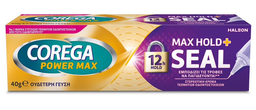 Συσκευασία της στερεωτικής κρέμας Corega Max Hold + Seal