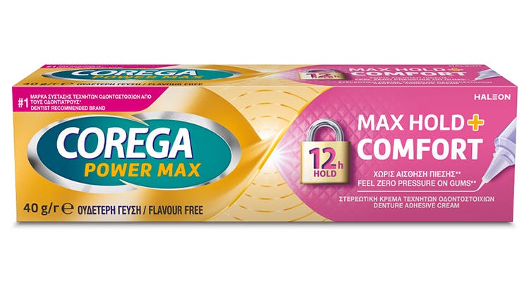 Συσκευασία στερεωτικής κρέμας για οδοντοστοιχίες Corega Max Hold + Comfort