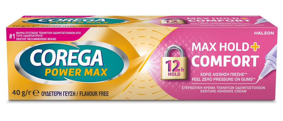 Συσκευασία στερεωτικής κρέμας οδοντοστοιχίας Corega Max Hold + Comfort