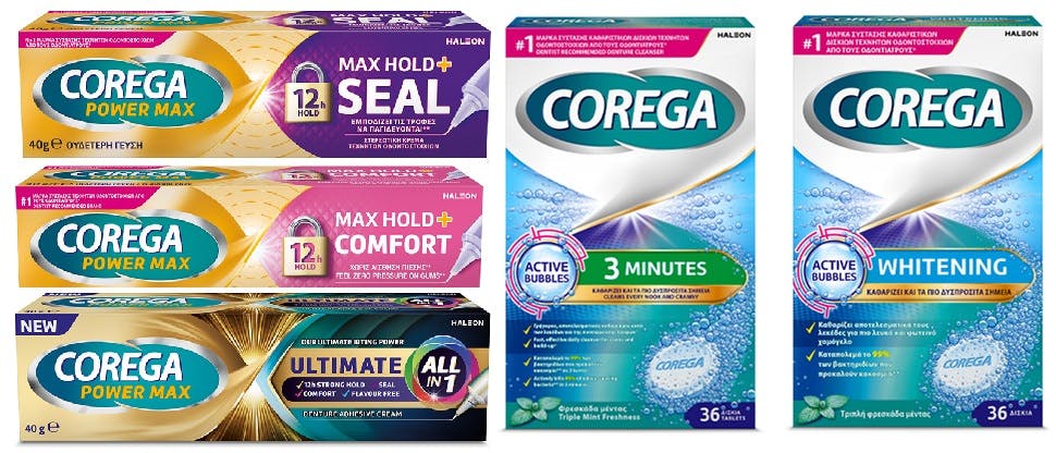 Συσκευασίες συγκολλητικού προϊόντος οδοντοστοιχίας Corega