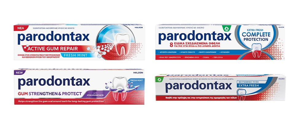 Συσκευασία της σειράς προϊόντων οδοντόκρεμας parodontax, που περιέχει διττανθρακικό νάτριο για την απομάκρυνση της πλάκας