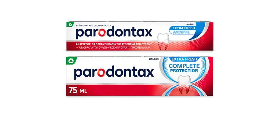 Συσκευασία της σειράς προϊόντων οδοντόκρεμας parodontax, που περιέχει διττανθρακικό νάτριο για την απομάκρυνση της πλάκας