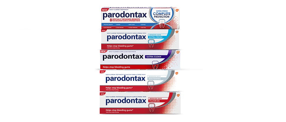 Packaging of the parodontax toothpaste product range, formulated with sodium bicarbonate to aid plaque removal.