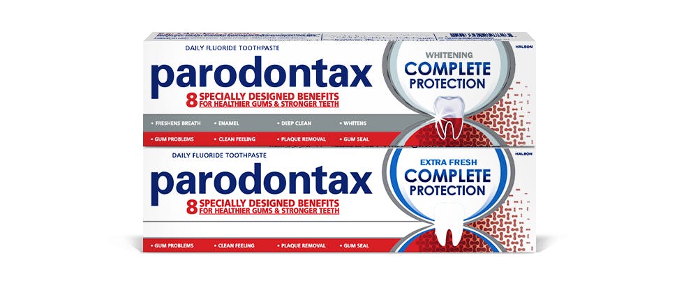 Packaging of the parodontax toothpaste product range, formulated with sodium bicarbonate to aid plaque removal.