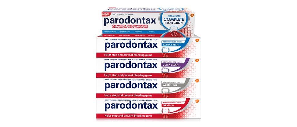 Packaging of the parodontax toothpaste product range, formulated with sodium bicarbonate to aid plaque removal.