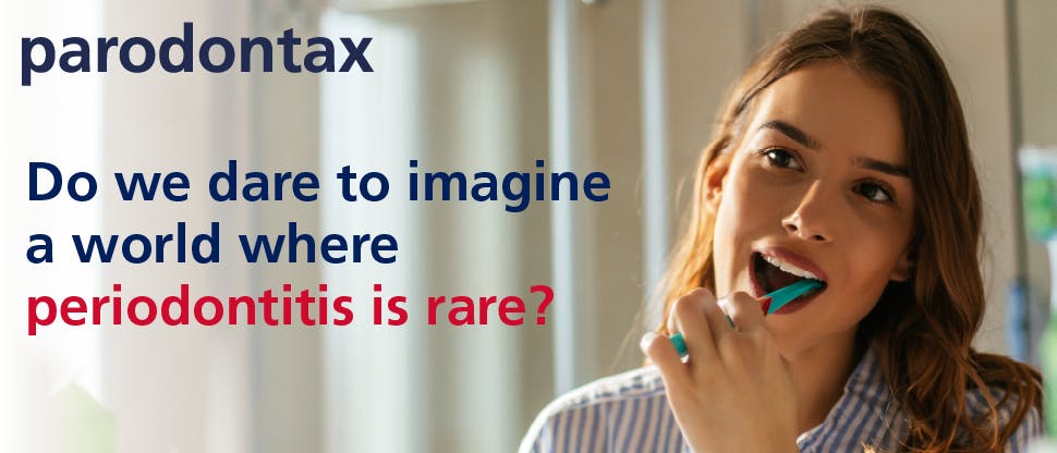 Young woman brushing her teeth. Text: parodontax – do we dare to imagine a world where periodontitis is rare?