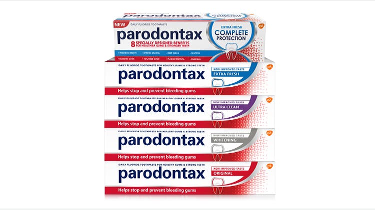 Packaging of the parodontax toothpaste product range, formulated with sodium bicarbonate to aid plaque removal