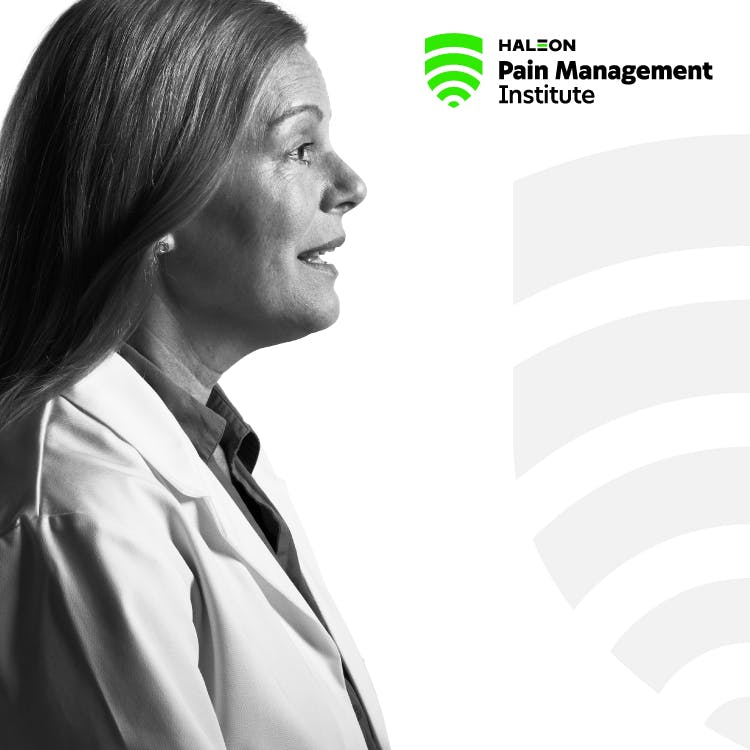 Image of the HPMI logo, and the side profile of a woman in her 40s wearing a lab coat 