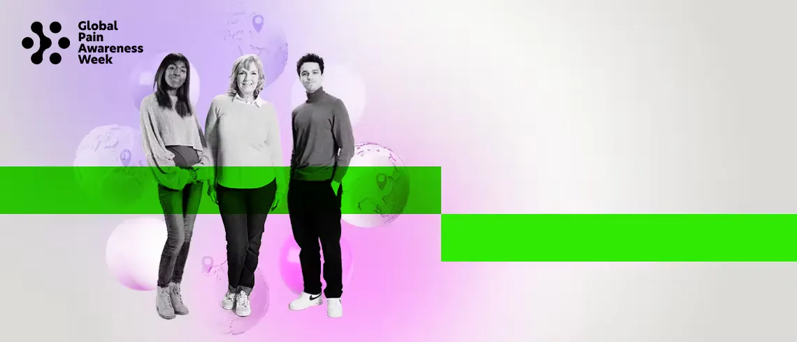 A photograph of three medical professionals with the Global Pain Awareness Week logo in the top left corner