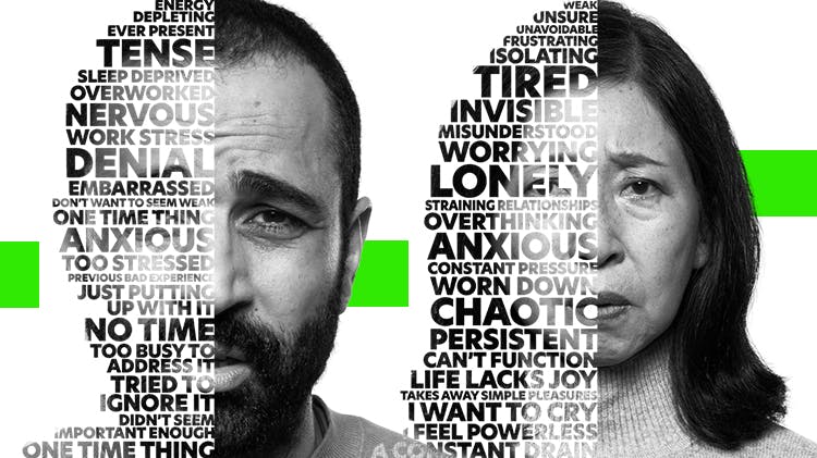 Graphic of a man and a woman looking in pain overlaid with words used to describe their pain