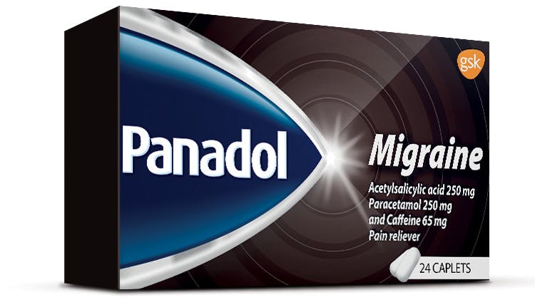 Panadol Migraine with caffeine, paracetamol and aspirin pack shot