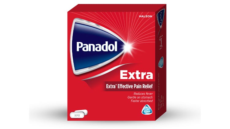 Panadol Extra with 500mg paracetamol and 65mg caffeine pack shot