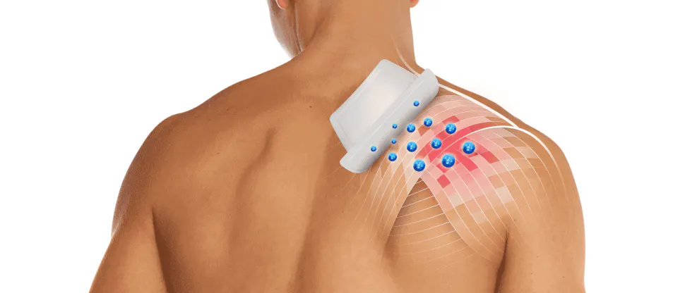 Image of man's back with highlighted shoulder pain and pain relief patch applied