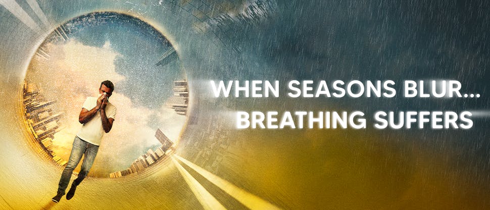 Graphic image of man sneezing while surrounded by a circle of blended  seasons – suffering the impacts of climate change on his respiratory health.  Headline says ‘When seasons blur… breathing suffers’