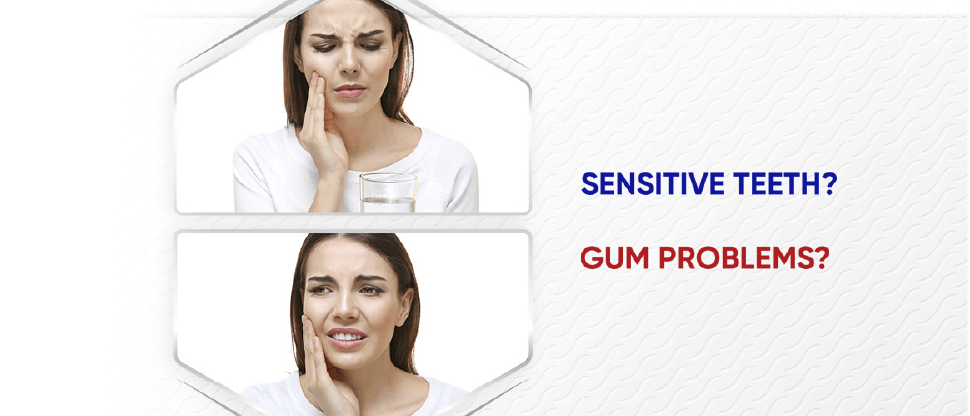 Images of a woman in pain with dentine hypersensitivity and gum problems