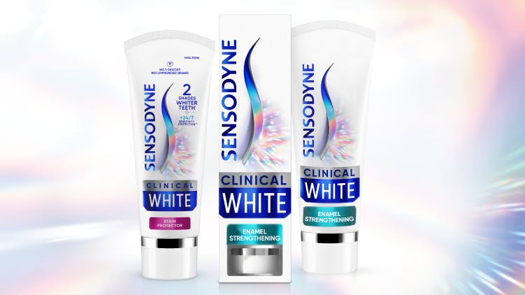 Sensodyne whitening toothpaste packshots with the text “Our sensitivity control has never looked whiter*”
