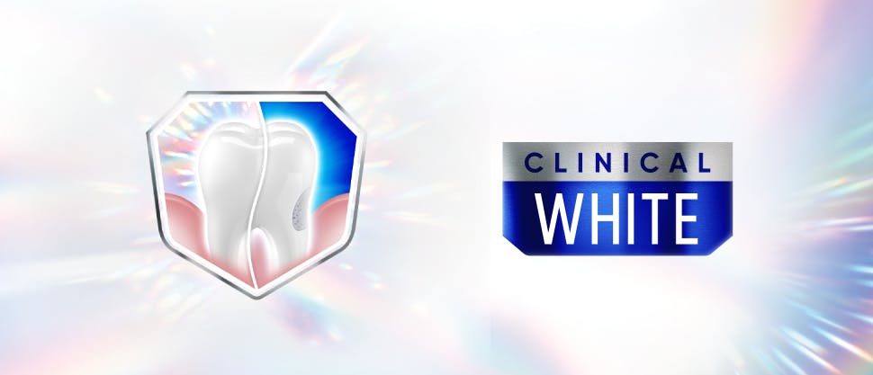 Sensodyne Clinical White toothpaste banner with tooth graphic