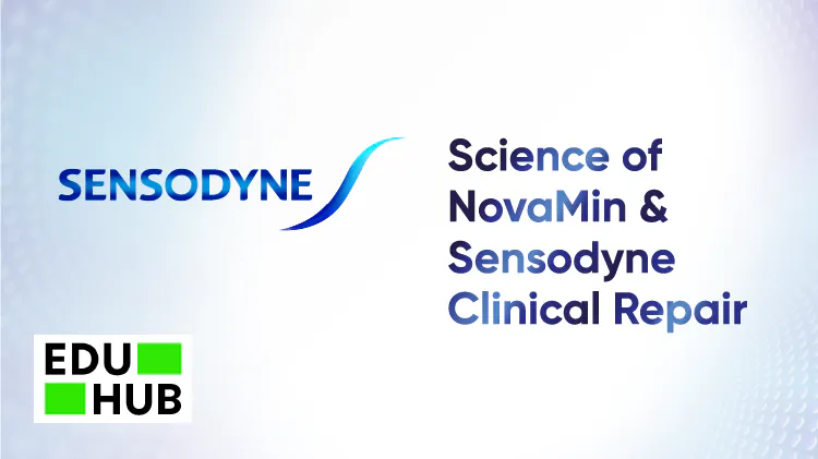 Sensodyne logo with the text “science of NovaMin & Sensodyne Clinical Repair”