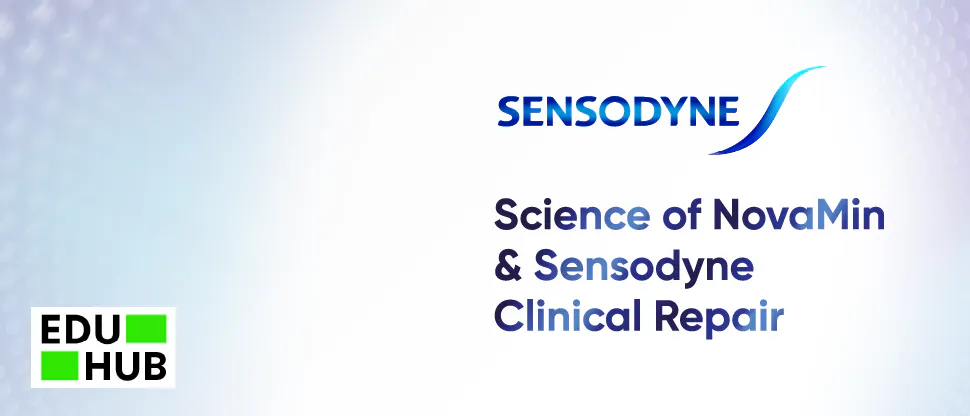 Edu Lab and Sensodyne logos on a blue gradient background with text Science of NovaMin and Sensodyne Clinical Repair