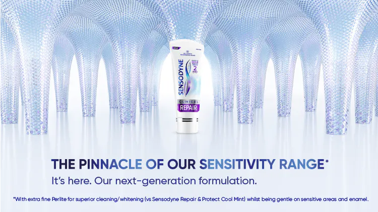 Image of pillars with a Sensodyne Clinical Repair Toothpaste pack in the middle, with the text “The pinnacle of our sensitivity range*. It’s here. Our next-generation formulation.”