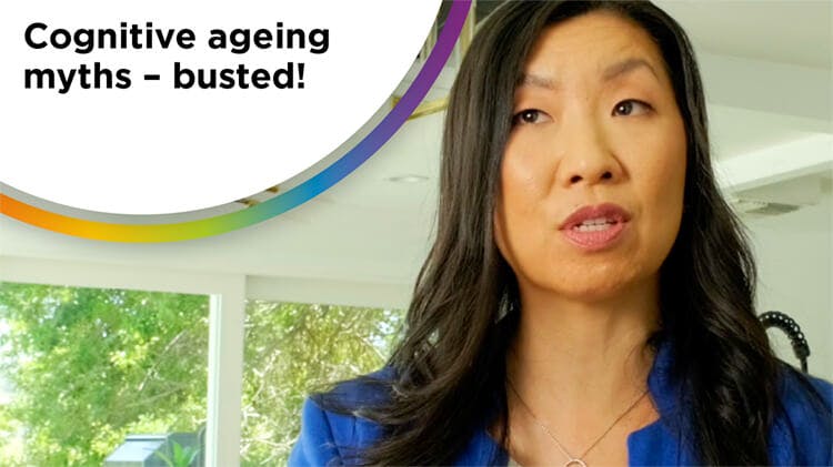 Photo of a dark-haired woman (dietitian Maggie Moon) wearing a white shirt and blue blazer with the text “cognitive ageing myths – busted”