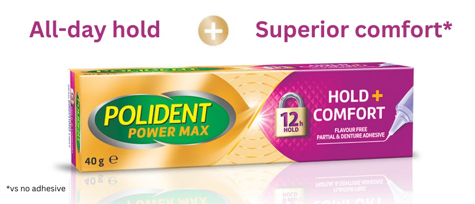 Polident Max Hold + Comfort denture adhesive packshot