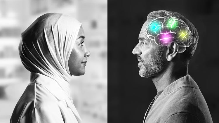 Pharmacist and a patient in profile looking at each other with the Centre for Human Sciences logo and description.